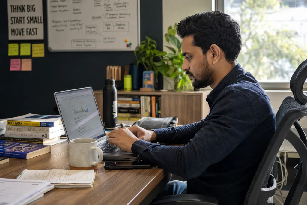 Digital marketing professional working on SEO and Google Ads campaign in a Chandigarh office