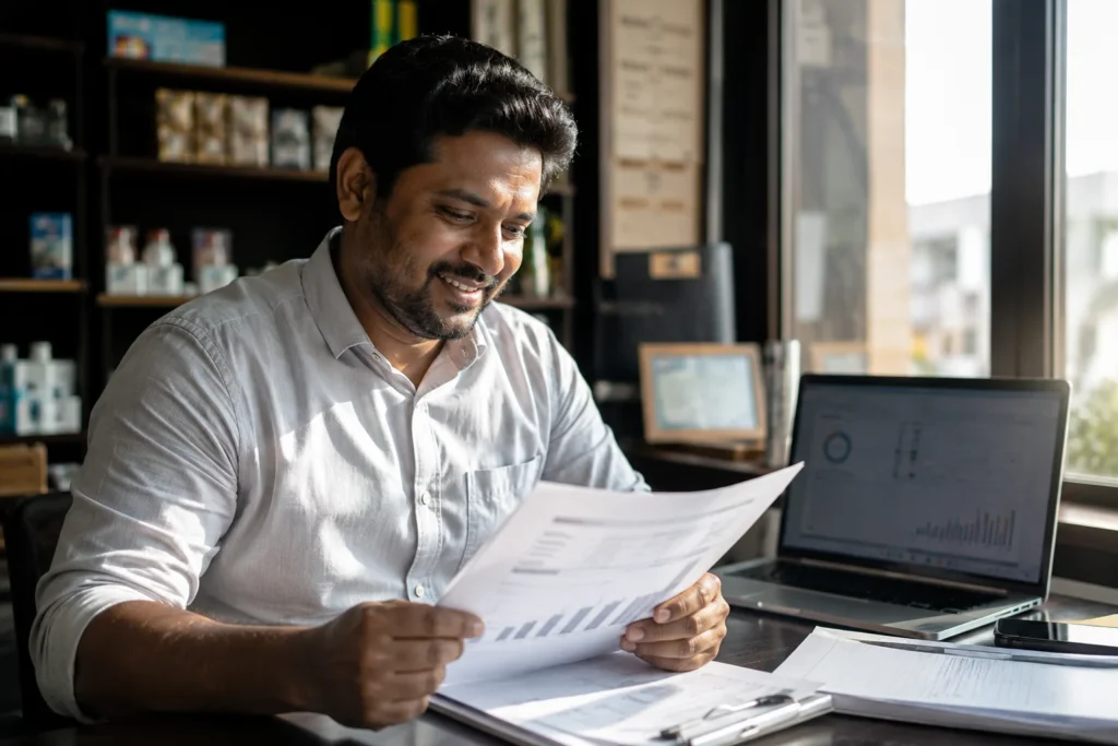 Small business owner reviewing online marketing performance with a digital marketing agency in Chandigarh