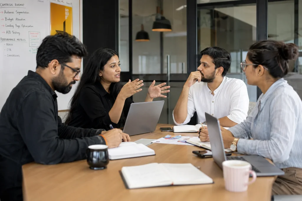 Creative team discussing SEO, social media marketing, and digital marketing strategy in Chandigarh