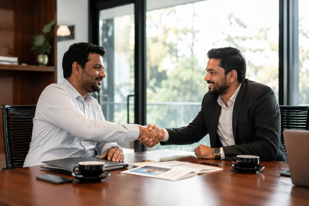 Business handshake after successful digital marketing consultation in Chandigarh