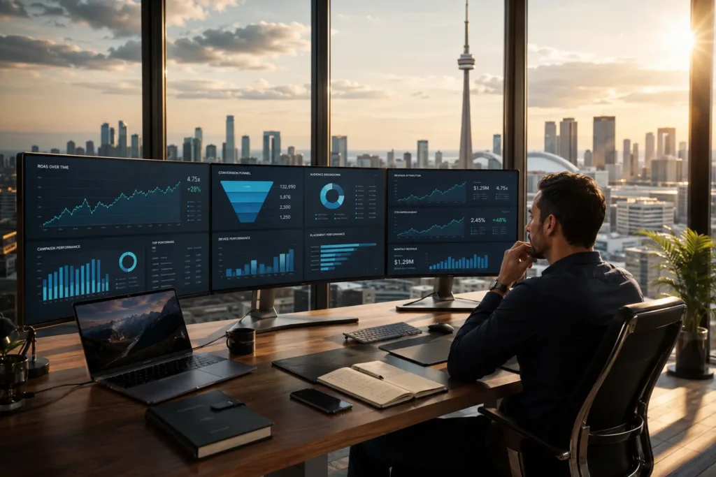 Luxury boardroom meeting in Canada where marketers present Meta Ads performance data with ROAS charts and campaign analytics on digital display