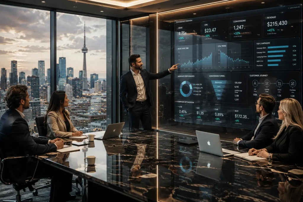 Futuristic performance marketing command center monitoring Meta Ads campaigns with ROAS growth dashboards and analytics in real time