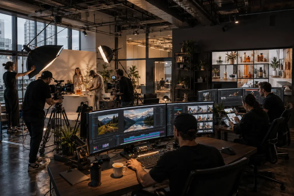 Hyper-realistic creative studio team producing Meta Ads content with video production, editing, and ad design for Canadian businesses
