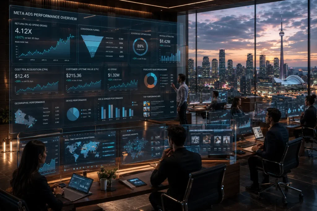 Luxury boardroom meeting in Canada where marketers present Meta Ads performance data with ROAS charts and campaign analytics on digital display