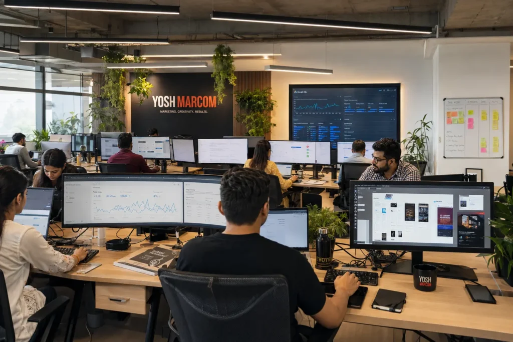 SEO specialists, Google Ads experts, and designers working together inside a digital marketing agency in Tricity