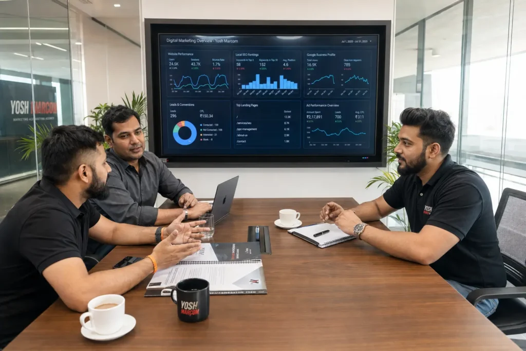 Digital marketing consultants meeting with a local business client at a Tricity marketing agency in Chandigarh